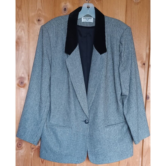 VTG ALFRED DUNNER Women's Black Plaid 100% Wool Blazer with Velvet collar 16P - Picture 2 of 5